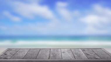 Outdoor table wood texture on beach sea background, 4K UHD. Video Clip.