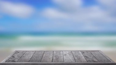 Outdoor table wood texture on beach sea background, 4K UHD. Video Clip.