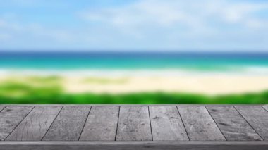 Outdoor table wood texture on beach sea background, 4K UHD. Video Clip.