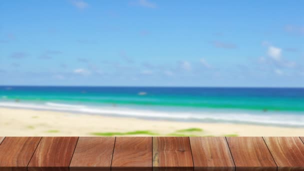 Outdoor Table Wood Texture Beach Sea Background Uhd Video Clip — Stok video