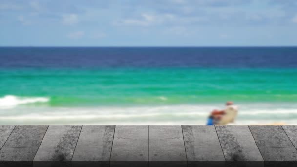 Outdoor Table Wood Texture Beach Sea Background Uhd Video Clip — 图库视频影像