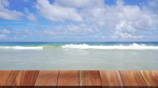 Outdoor Table Wood Texture Beach Sea Background Uhd Video Clip — Stock Video