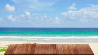 Outdoor table wood texture on beach sea background, 4K UHD. Video Clip.