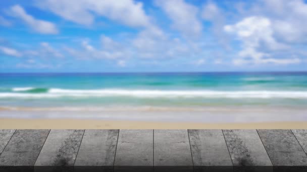 Textura Madera Mesa Aire Libre Sobre Fondo Mar Playa Uhd — Vídeo de stock