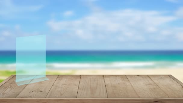 Table on outdoor beach backgrounds, Wood texture in summer on the beach — Stock Footage Table Outdoor Beach Backgrounds Wood Texture Summer Beach Video Clip