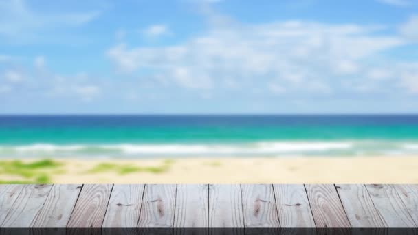 Tafel Buiten Strand Achtergronden Hout Textuur Zomer Het Strand — Stockvideo