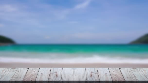 Tisch Auf Strandhintergründen Freien Holzstruktur Sommer Strand — Stockvideo