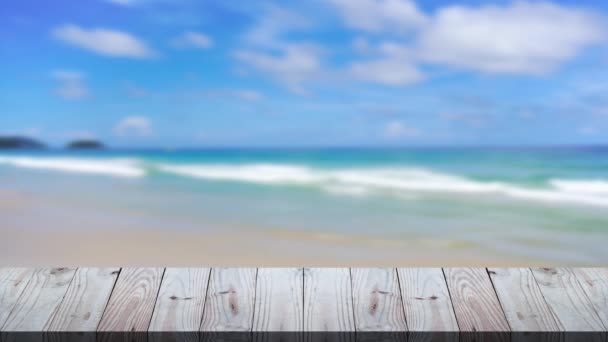 Table on outdoor beach backgrounds, Wood texture in summer on the beach — Stock Footage Table Outdoor Beach Backgrounds Wood Texture Summer Beach Royalty Free Stock Footage