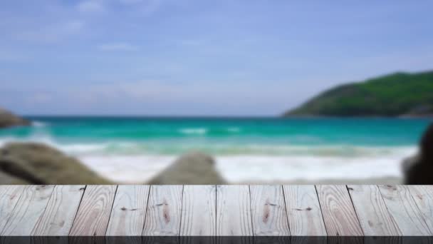 Table on outdoor beach backgrounds, Wood texture in summer on the beach — Stock Footage Table Outdoor Beach Backgrounds Wood Texture Summer Beach Royalty Free Stock Footage