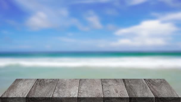 Close Top Modello Tavolo Legno Sulla Spiaggia Mare Sfondo Blu — Video Stock