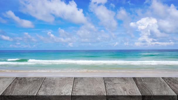 Mesa Madera Sobre Fondo Mar Playa Aire Libre — Vídeo de stock