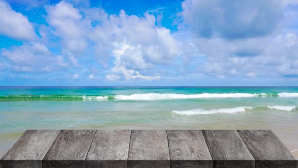 Wood table on outdoor beach sea background — Stock Footage Wood Table Outdoor Beach Sea Background Royalty Free Stock Video