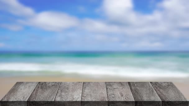 Tavolo Legno Sfondo Mare Spiaggia All Aperto — Video Stock