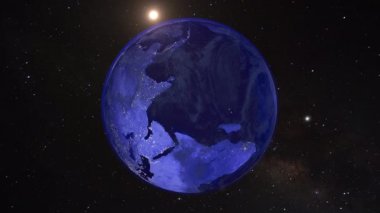 Güzel gündoğumu dünya silueti. Uzaydan gelen dünya gezegeni. Dünya gezegeni dönen animasyon. Klip uzayı, gezegeni, galaksiyi, yıldızları, evreni, denizi, yeryüzünü, günbatımını, dünyayı içerir. 4k 3D Render. NASA 'dan görüntüler, Uzayda siyah arkaplan