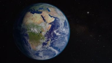 Güzel gündoğumu dünya silueti. Uzaydan gelen dünya gezegeni. Dünya gezegeni dönen animasyon. Klip uzayı, gezegeni, galaksiyi, yıldızları, evreni, denizi, yeryüzünü, günbatımını, dünyayı içerir. 4k 3D Render. NASA 'dan görüntüler, Uzayda siyah arkaplan