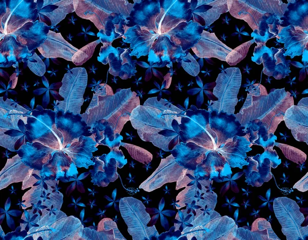 Handgezeichnetes nahtloses tropisches Aquarell-Muster mit Palmblättern, Monsterblättern und Hibiskusblüten auf gestreiftem Hintergrund. — Stockfoto