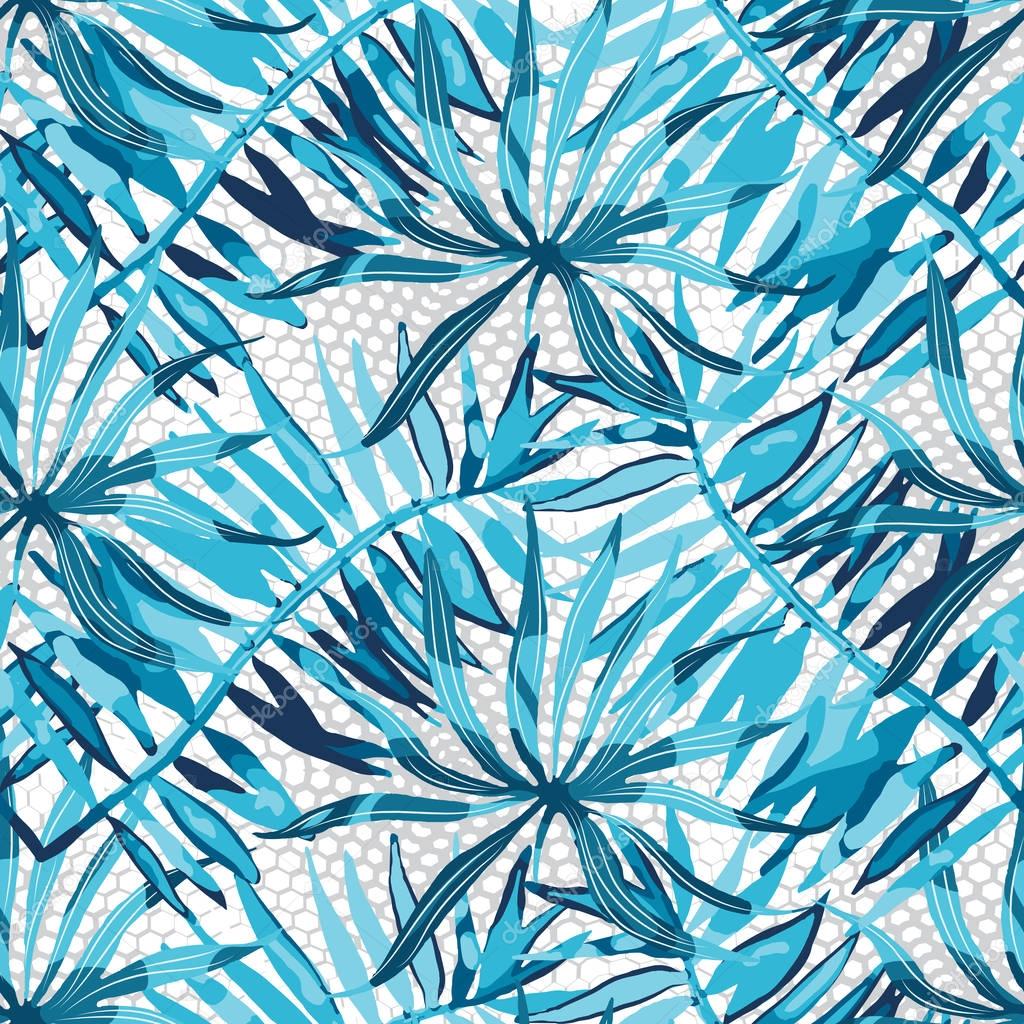 Vector abstract watercolor pattern with palm leaves and roses.