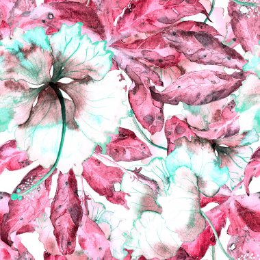 Elle çizilmiş Dikişsiz suluboya egzotik desen passiflora yaprakları ve hibiscus çiçek ile.