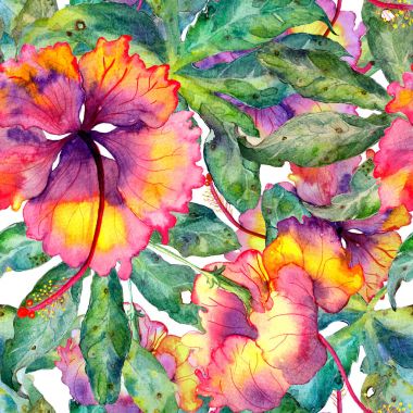 Elle çizilmiş Dikişsiz suluboya egzotik desen passiflora yaprakları ve hibiscus çiçek ile.