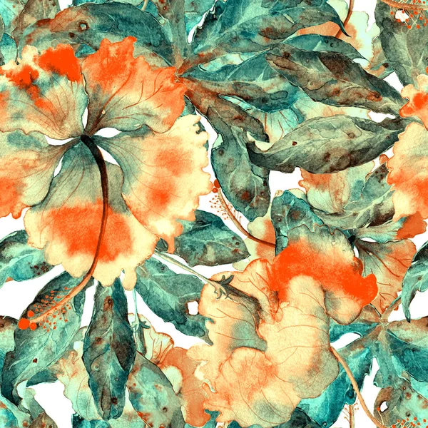 Disegnato a mano senza soluzione di continuità acquerello modello esotico con foglie di passiflora e fiori di ibisco . — Foto Stock