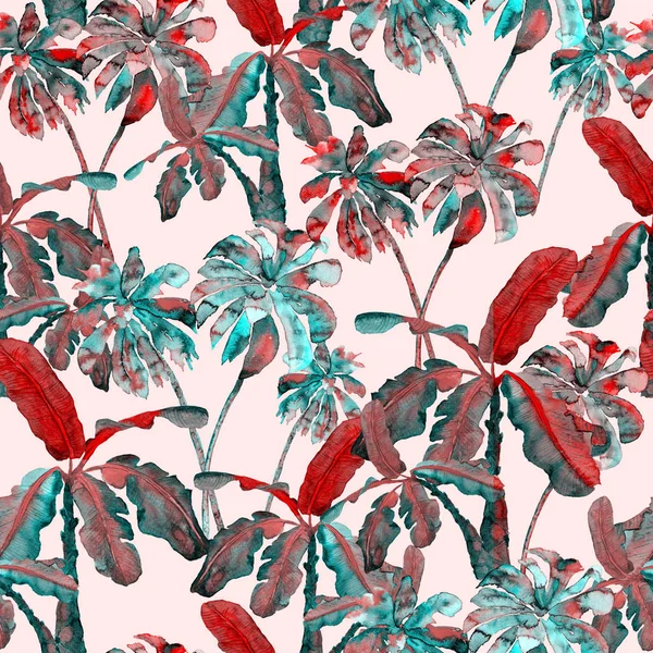 팜 패턴입니다. 수채화 바나나 나무 원활한 인쇄. — 스톡 사진