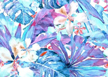 Tropikal desen. Suluboya Tayland palmiye, muz ağacı monstera, ebegümeci.