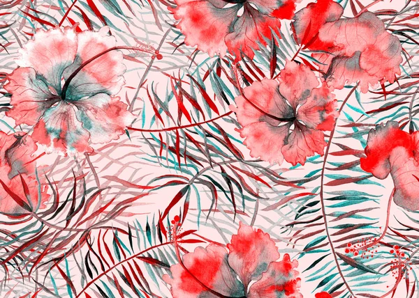 Hibiscus pattern. Watercolor tropical background. 