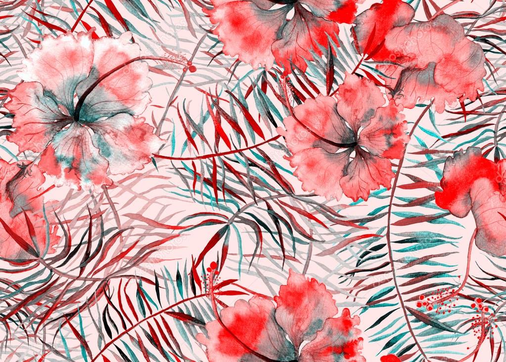 Hibiscus pattern. Watercolor tropical background. 