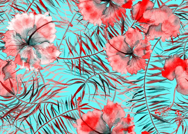 Hibiscus pattern. Watercolor tropical background. 