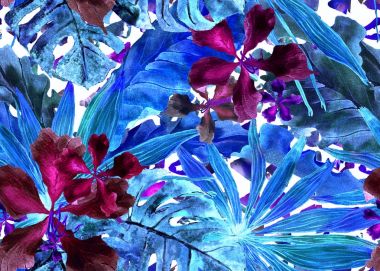 Tropikal desen. Suluboya Tayland palmiye, muz ağacı monstera, ebegümeci.