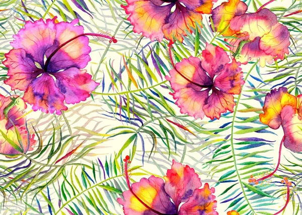 Hibiscus pattern. Watercolor tropical background. 
