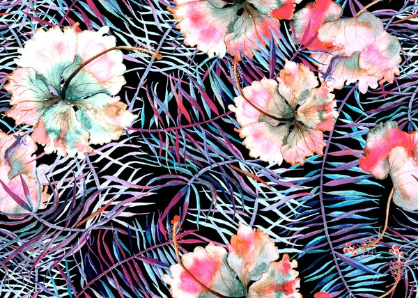 Hibiscus pattern. Watercolor tropical background. 