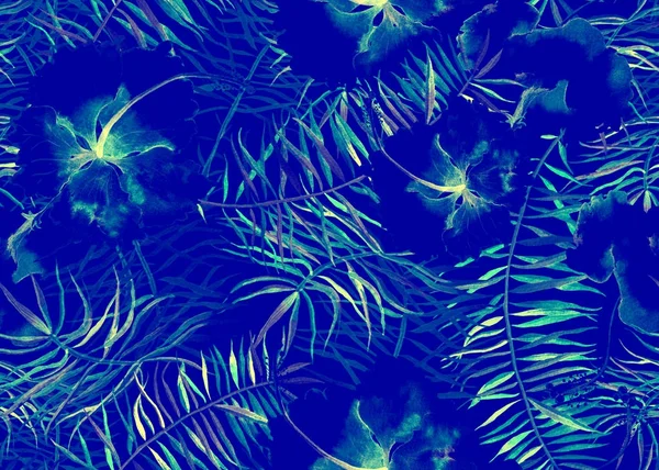 Hibiscus pattern. Watercolor tropical background. 
