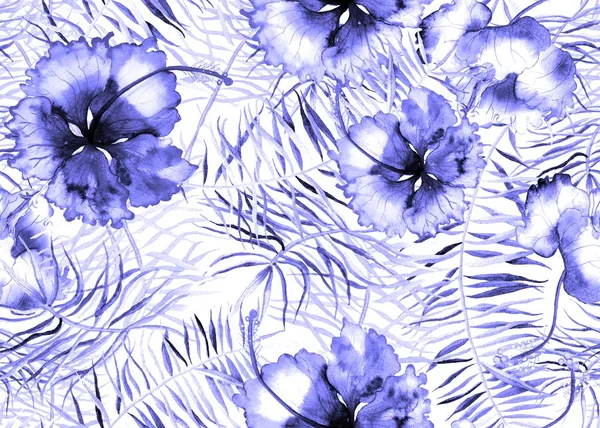 Hibiscus pattern. Watercolor tropical background. 