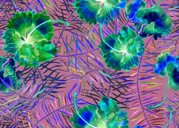 Hibiscus pattern. Watercolor tropical background. 