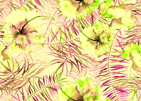 Hibiscus pattern. Watercolor tropical background. 