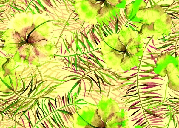 Hibiscus pattern. Watercolor tropical background. 