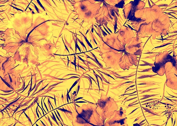 Hibiscus pattern. Watercolor tropical background. 