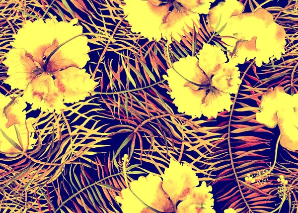Hibiscus pattern. Watercolor tropical background. 