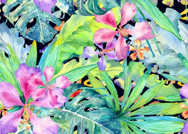 Tropických vzor. Akvarelu Thajsko palm, monstera, ibišky, banánovník. — Stock fotografie