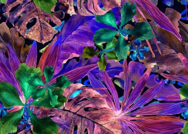 Tropikal desen. Suluboya Tayland palmiye, muz ağacı monstera, ebegümeci.