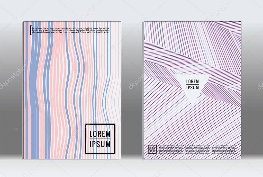 Minimal placard. Vector geometric cover. Hipster trendy report template. Set of futuristic line gradient graphic design flyers. Fashion minimal layouts. Striped placards. Retro banner design set.