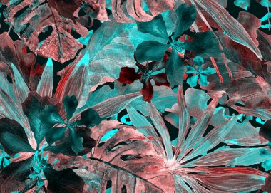 Tropikal desen. Suluboya Tayland palmiye, muz ağacı monstera, ebegümeci.