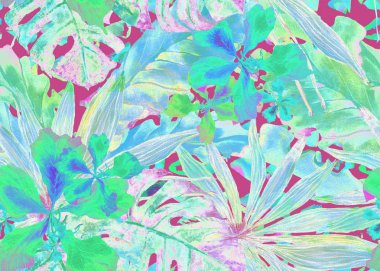 Tropikal desen. Suluboya Tayland palmiye, muz ağacı monstera, ebegümeci.