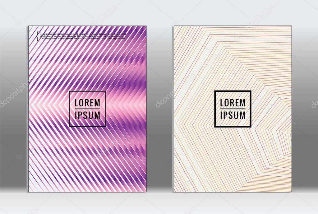 Minimal placard. Vector geometric cover. Hipster trendy report template. Set of futuristic line gradient graphic design flyers. Fashion minimal layouts. Striped placards. Retro banner design set.