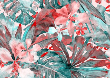 Tropikal desen. Suluboya Tayland palmiye, muz ağacı monstera, ebegümeci.