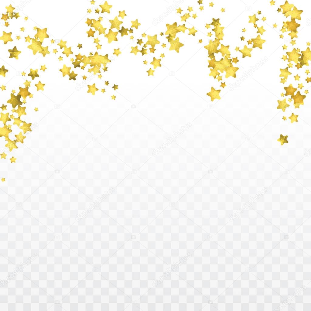 Star gold confetti. Glitter vector celebrate background. Golden sparkles and dots on black backdrop. Christmas party invitation card template. Falling gold confetti. Glitter background.