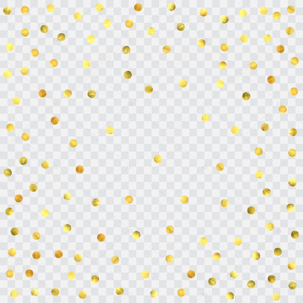 Round gold confetti. Glow vector celebrate background. Watercolor golden sparkles and dots. Explosion backdrop. Luxury invitation card template. Falling gold confetti. Glitter background.