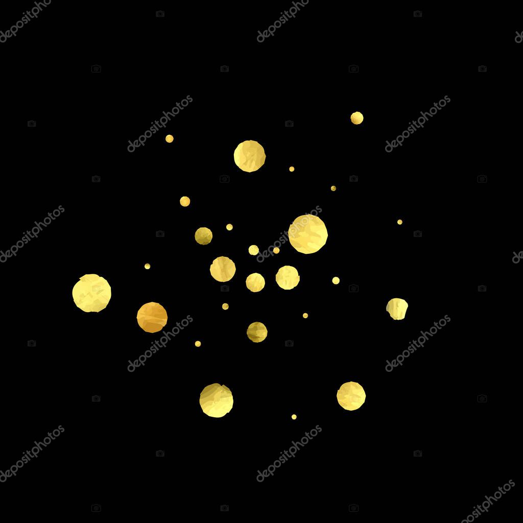 Round gold confetti. Celebrate background. Watercolor golden sparkles and dots. Voucher backdrop. Christmas party invitation card template. Falling gold confetti. Glitter background.