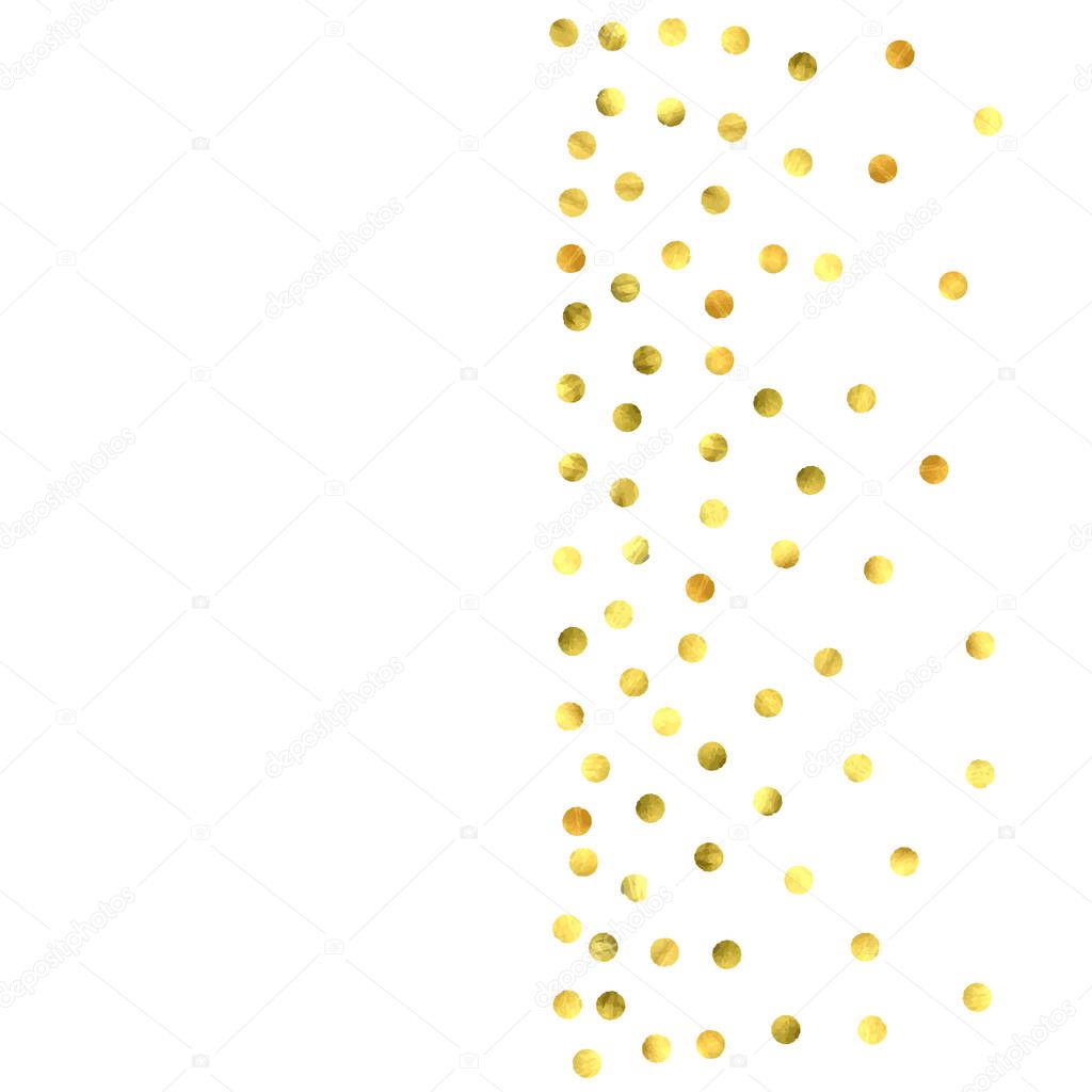 Foil gold confetti. Celebrate background. Golden sparkles and dots on white backdrop. Luxury invitation card template. Falling gold confetti. Glitter background.